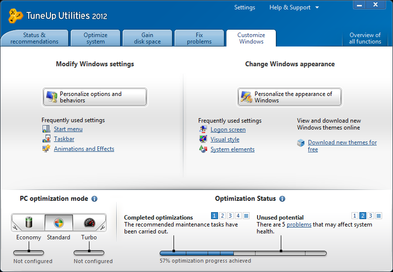 TuneUp Utilities 2012 customize windows tab image TuneUp Utilities 2012 customize windows tab image