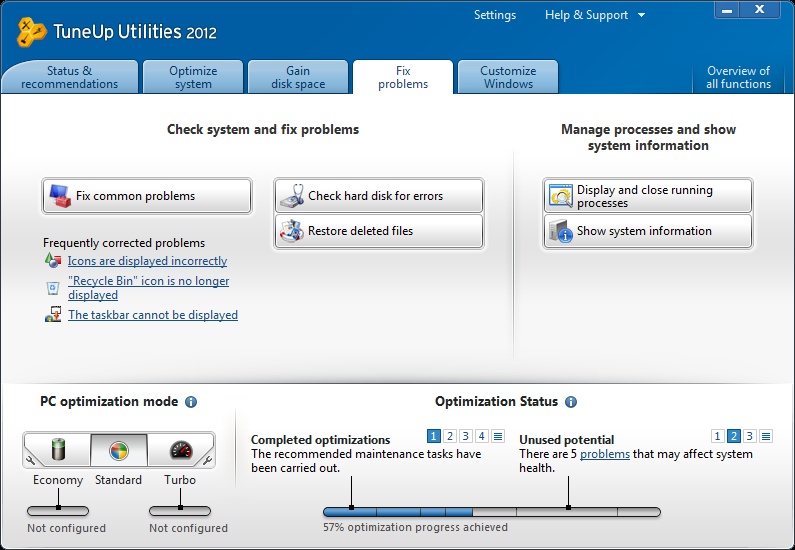 TuneUp Utilities 2012 fix problem tab image TuneUp Utilities 2012 fix problem tab image