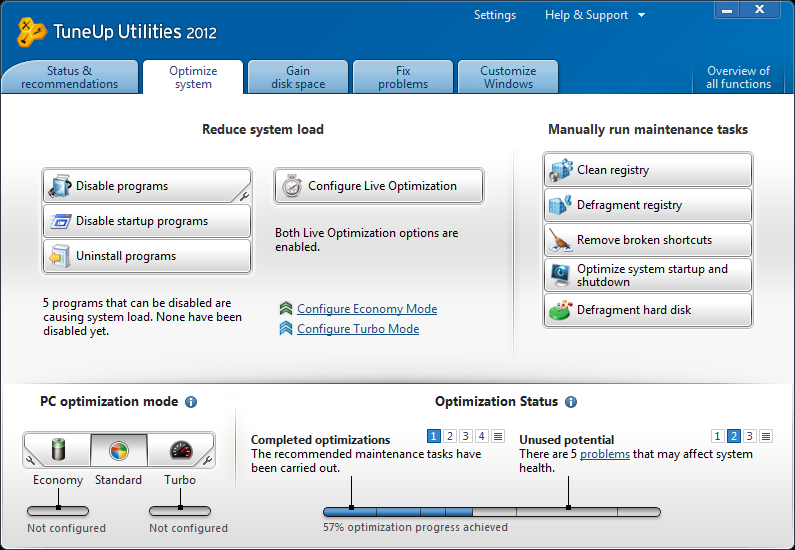 TuneUp Utilities 2012 optimize system tab image TuneUp Utilities 2012 optimize system tab image