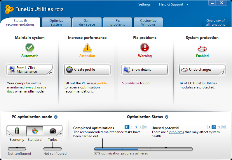 TuneUp Utilities 2012 status tab image TuneUp Utilities 2012 status tab image